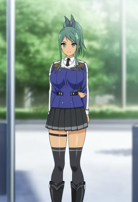 blurred background,
smile,
looking at viewer,
solo,
hundred_-_liddy_steinberg, green_hair, ponytail, green_eyes, dark-skinned_female, sidelocks, large_breasts,
school_uniform, jacket, long_sleeves, black_necktie, skirt, black_thighhighs, boots, thigh_strap,
standing,
masterpiece,best quality,good quality,newest,