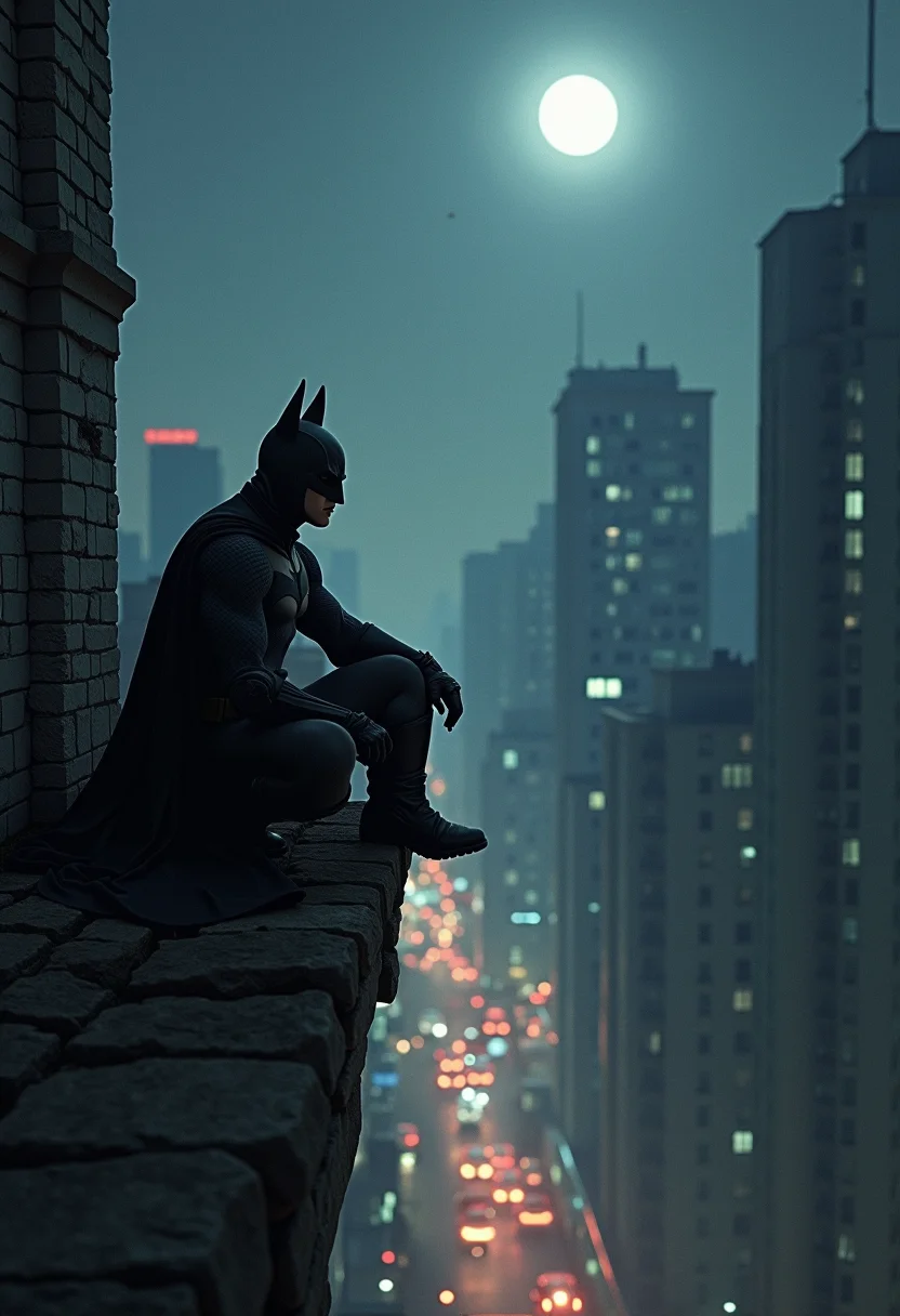 batman sitting on the root of a building at night surrounded by white space, looking down below at the small people below, zoomed out shot