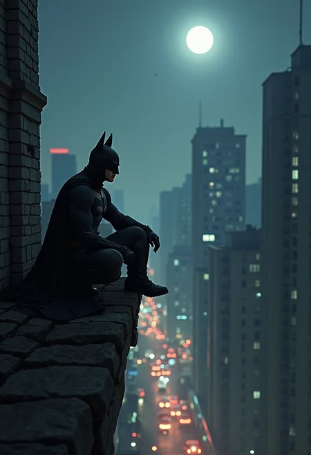 batman sitting on the root of a building at night surrounded by white space, looking down below at the small people below, zoomed out shot
