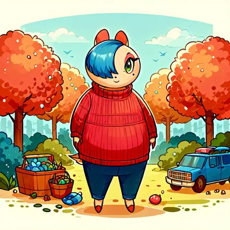 score_9, score_8_up, score_7_up, Shebbs, Maydine, Blue Hair, Hair Covering one eye, Red Sweater, Pants, Makeup, beauty mark, outside