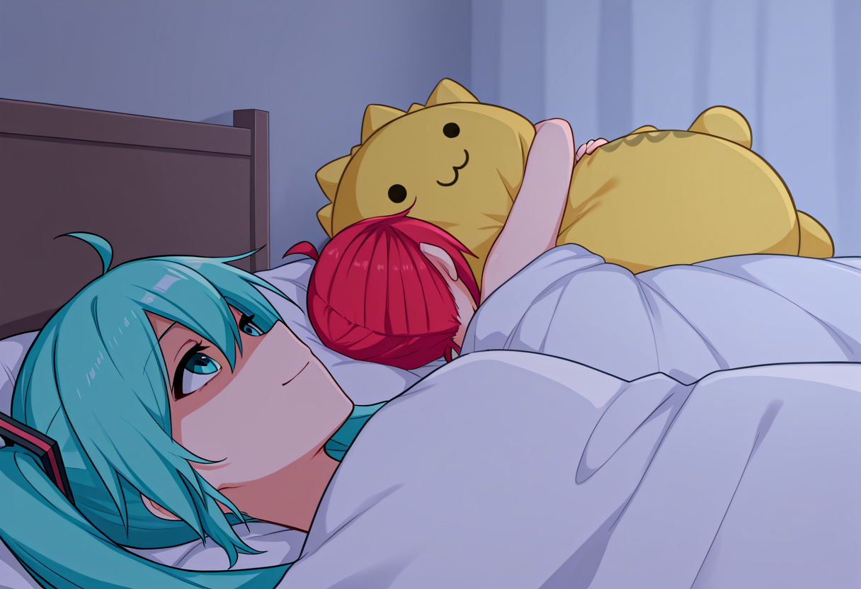 (masterpiece, best quality, amazing quality), absurdres, very awa, 500_dollar_four_foot_tall_mareep, 2girls, pillow, bed, blanket, under covers,
BREAK
kasane teto, object hug, stuffed toy, akita neru plushie,
BREAK
hatsune miku, smile, looking up, partially shaded face, 
<lora:500_dollar_four_foot_tall_mareep_meme:1>