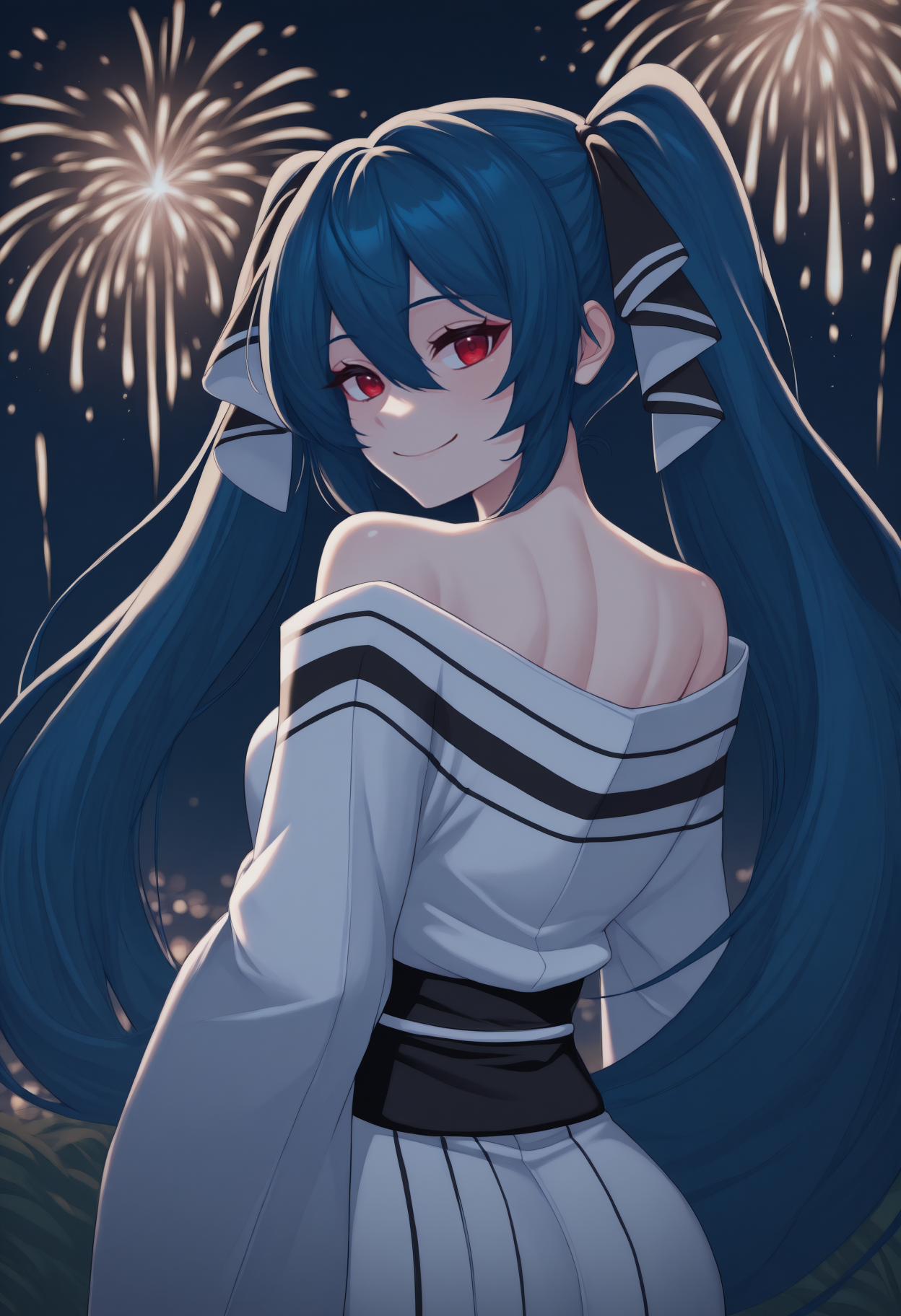 anime, masterpiece, best quality, from behind, solo, 1girl, d4rkm1ku, smile, looking back, long hair, blue hair, hair between eyes, uneven twintails, hair ribbon, two-tone ribbon, black ribbon, white ribbon, red eyes, japanese clothes, white kimono, striped kimono, off shoulder, black sash, bare shoulders, outdoors, night, fireworks
<segment:yolo-Anzhc Face seg 640 v2 y8n.pt,0.4,0.5//cid=1>