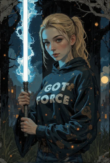 An ultra-detailed, portrait oil painting of a young Jedi Rapunzel, emanating calm and wisdom, holding a blue lightsaber, its blue blade illuminating her face. Her expression is determined and focused. She is inside an ancient Jedi temple shrouded in darkness, where the only light comes from her glowing blue lightsaber. The Jedi Rapunzel is skinny barely in her teens. Her long, iconic blond hair cascades in wild, untamed waves. She is wearing an oversized, dark colored hoodie with bold typography that reads "Got force?" in white letters and ripped blue jeans. Oil painting. Focus on the girl, shadow and light, Masterpiece, intricate lines, intriguing atmosphere, sharp magnificent details, delicate features, elaborate details, (2\3 rule composition:0.5), ultra detailed, romantic, Rembrandt lighting, brush stroke, lovely, novuschroma, in the style of Rembrandt.