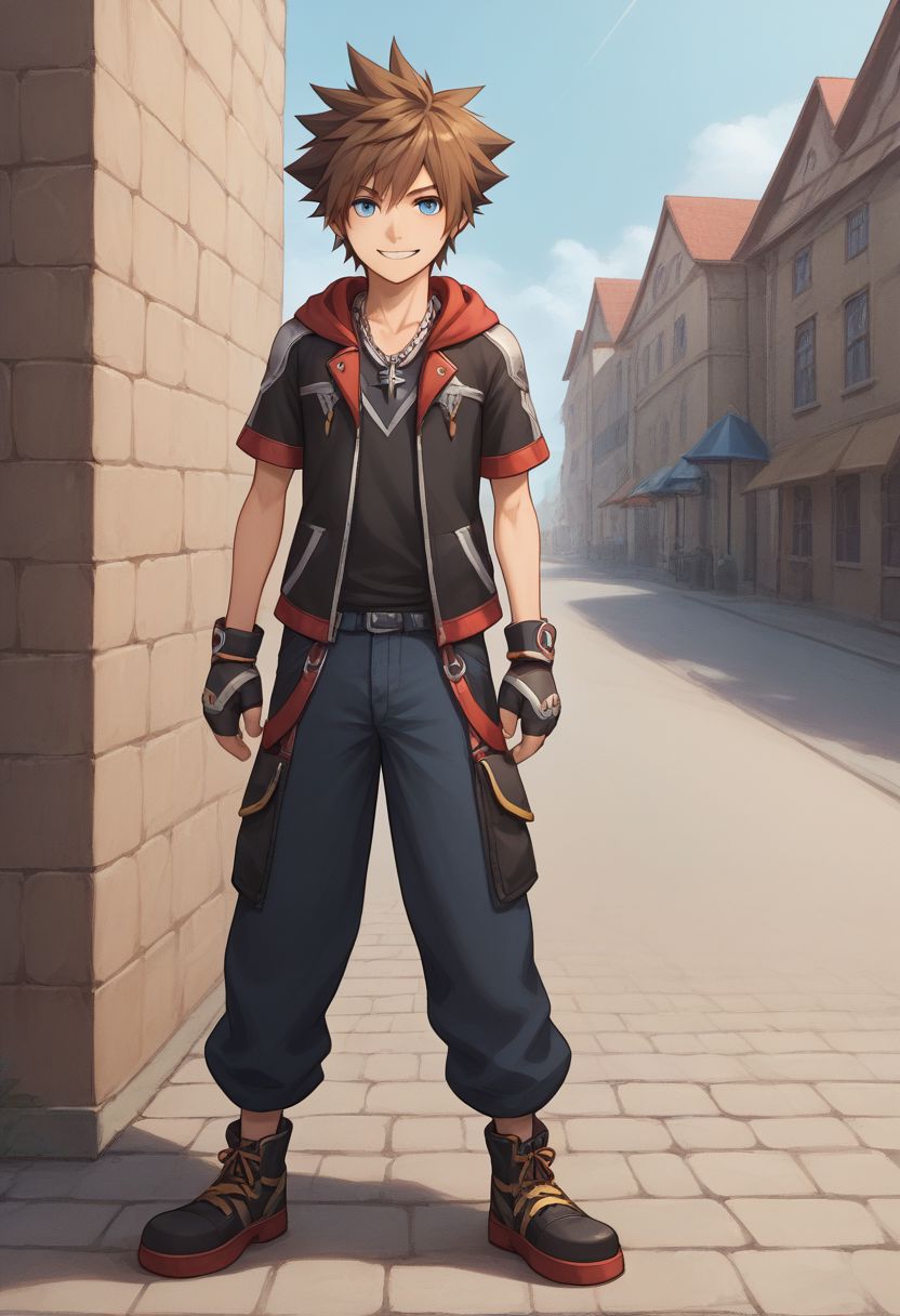 score_9, score_8_up, source_anime, highly detailed, 1boy, solo, male_focus slender, skinny, human child, 
sora, fingerless gloves, 1boy, male focus, spiked hair, blue eyes, solo, gloves, necklace, brown hair, hood, full body, short sleeves, smirk, v sign, upper body,
outdoor, village,