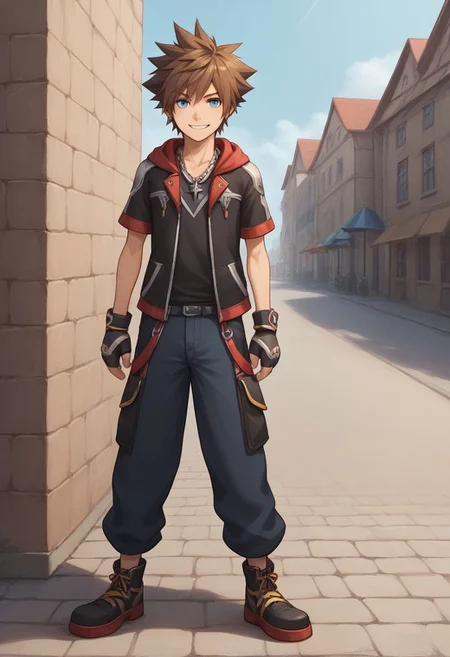 score_9, score_8_up, source_anime, highly detailed, 1boy, solo, male_focus slender, skinny, human child,
sora, fingerless gloves, 1boy, male focus, spiked hair, blue eyes, solo, gloves, necklace, brown hair, hood, full body, short sleeves, smirk, v sign, upper body,
outdoor, village,
