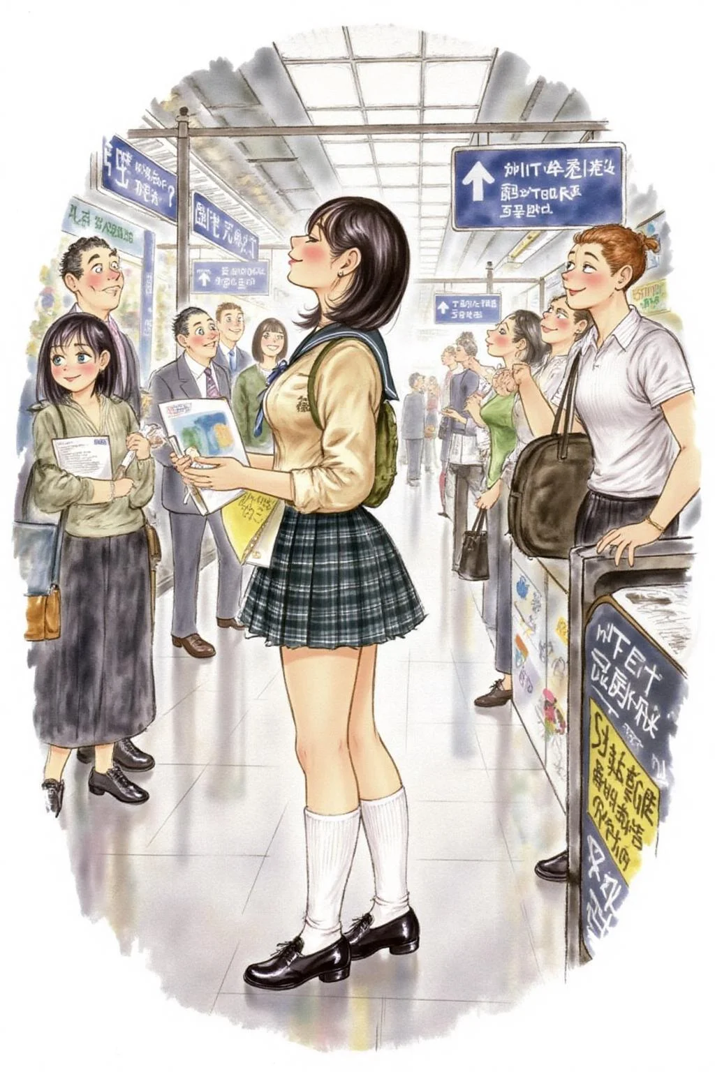 d0sn Illustration. Profile of a high school student in uniform, white socks and black shoes, standing in the middle of a train station, holding two acceptance letters--one for a local college and the other for an overseas university. The station is bustling with people moving in every direction, while she stands still, eyes closed, taking a deep breath as she tries to decide which future to follow <lora:d0sn_illus7_cap_d6a3:1.0><lora:805782272134509663:0>