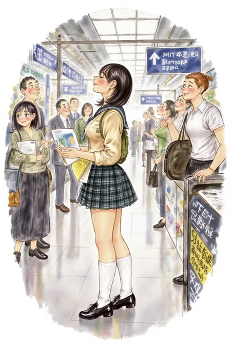 d0sn Illustration. Profile of a high school student in uniform, white socks and black shoes, standing in the middle of a train station, holding two acceptance letters--one for a local college and the other for an overseas university. The station is bustling with people moving in every direction, while she stands still, eyes closed, taking a deep breath as she tries to decide which future to follow <lora:d0sn_illus7_cap_d6a3:1.0><lora:805782272134509663:0>
