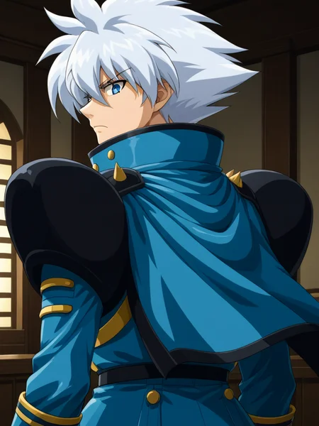 1boy, solo, keithpfone, white hair, spiked hair, blue eyes, shirt, long sleeves, popped collar, shoulder armor, cape, military uniform, indoors, from behind, looking back, serious, upper body