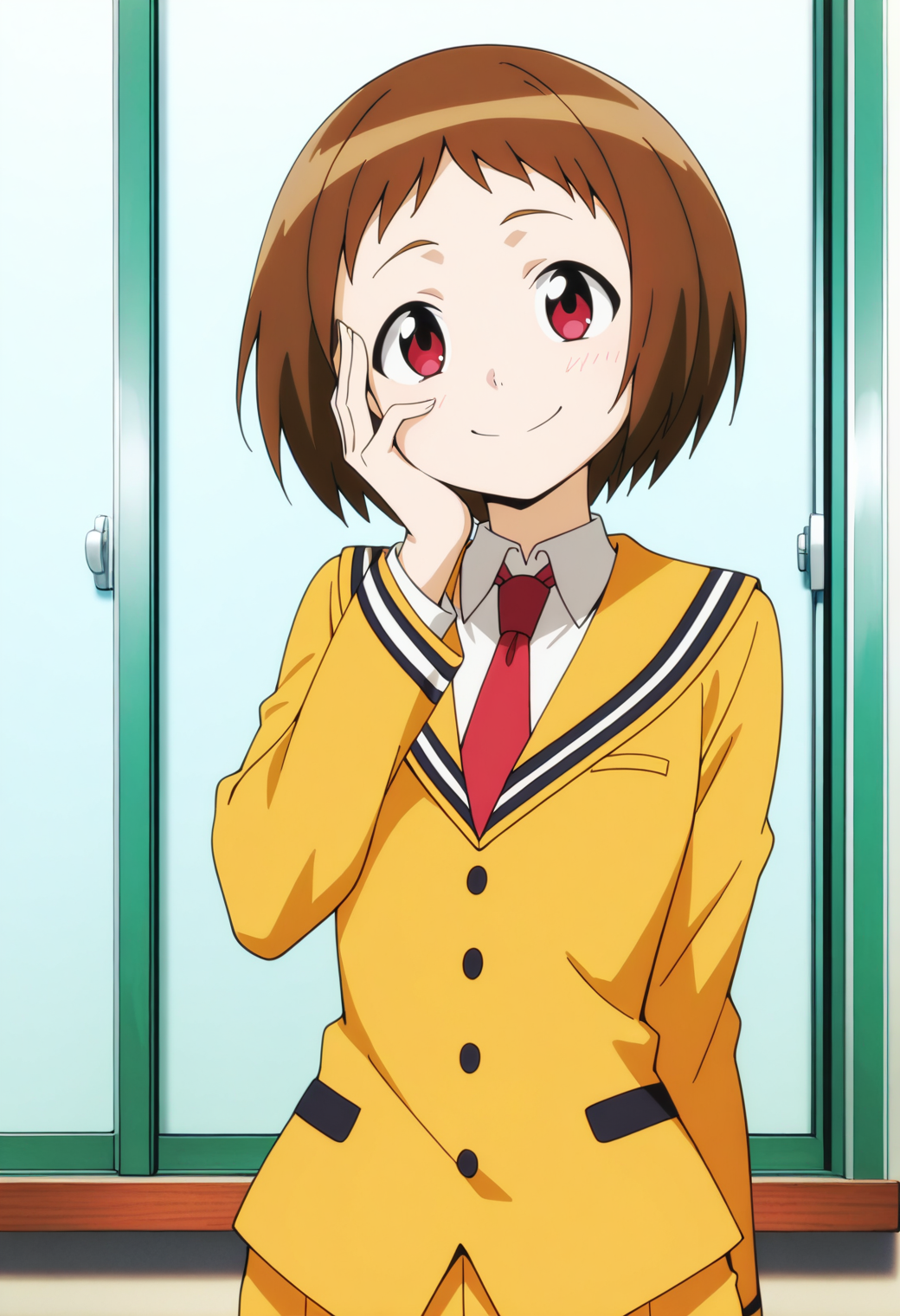 masterpiece, best quality, very aesthetic, absurdres, 1girl, solo,
<lora:ogura_shio_v01:0.9>, ogura_shio, shio_dogoo, brown hair, short hair, red eyes,
yellow uniform, sailor collar, red necktie, yellow pants, smile, hand on own face, upper body,