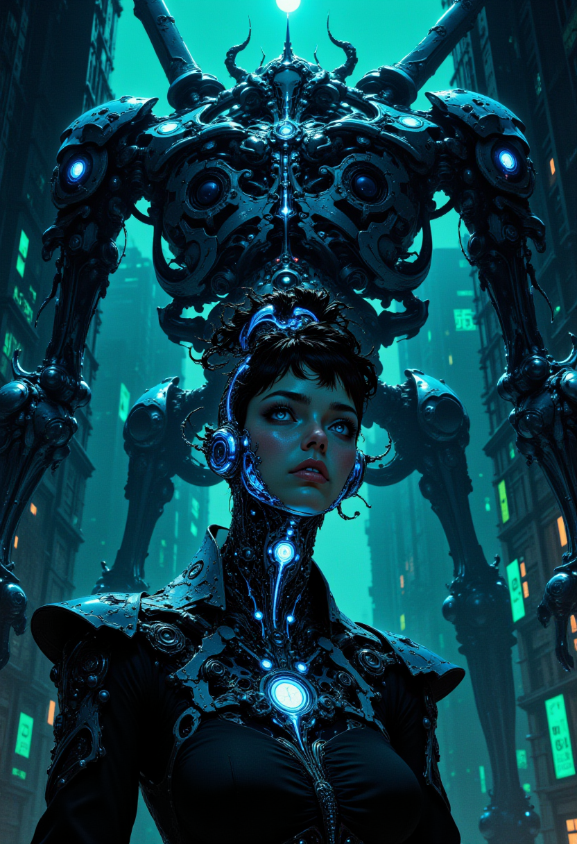 A captivating woman with bioluminescent cybernetic implants and sleek, futuristic attire gazes forward, her glowing circuits pulsing like veins. The skeletal structures of a biomechanical behemoth in the distance add depth, framing her as a symbol of resilience in a post-apocalyptic world. (elaborate fine details:1.1), (hyperdetailed:1.1), (intricate details:1.0), (Refined details:1.1), (best quality:1.1), (high resolution:1.2)