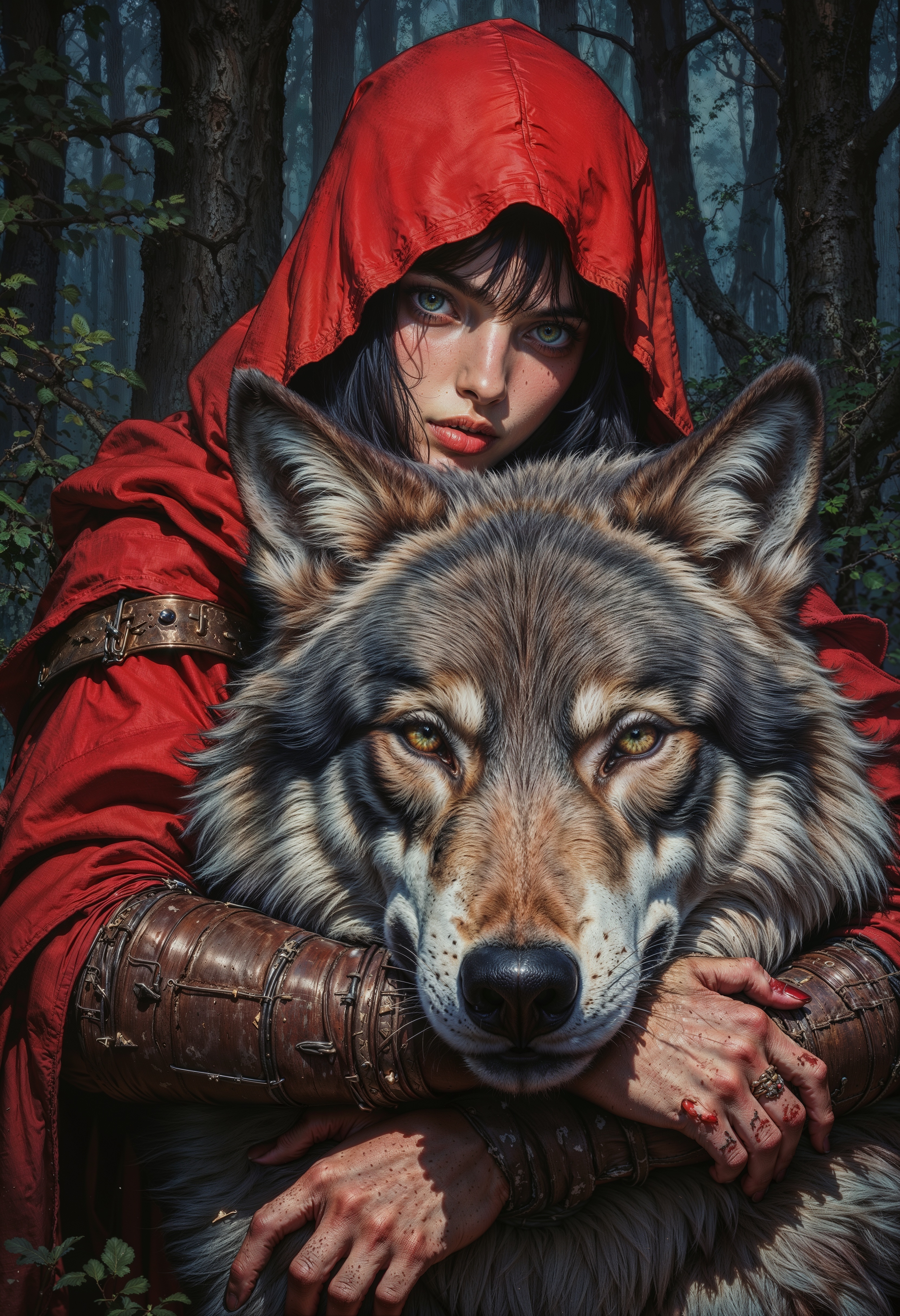 Highly detailed and dramatic digital artwork featuring a young woman with striking green eyes and fair skin, wearing a vibrant red hooded cloak. Her dark hair is slightly wet, suggesting a rainy or misty environment. She is closely embracing a large, realistic wolf with a thick, textured fur coat. The wolf's eyes are piercing and its fur is intricately detailed, with a natural gray and white pattern. The woman's hand, with red-stained fingers, rests gently on the wolf's head, adding a sense of unity and connection between them. The background is a dark, dense forest, enhancing the mysterious and enchanting atmosphere of the scene. The overall composition is rich in color and texture, emphasizing the bond between the woman and the wolf.  <lora:FluxMythG0thicL1nes:0.6> <lora:FluxMythR3alisticF:0.5> <lora:RetroAnimeFluxV1:0.6> <lora:OB半写实肖像画V2.0:0.6>