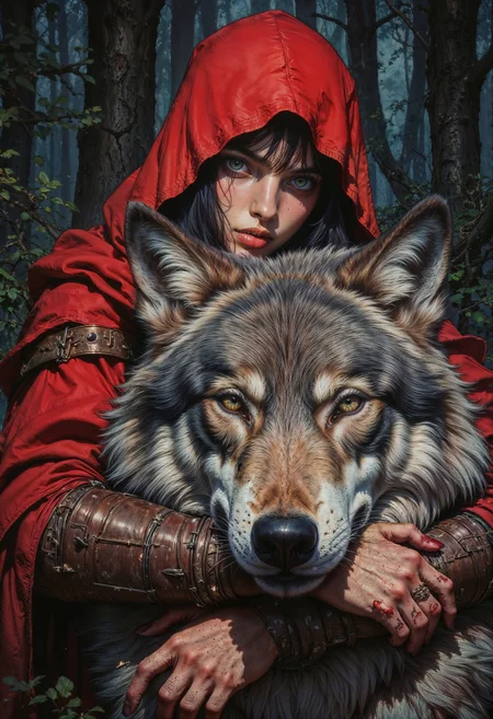 Highly detailed and dramatic digital artwork featuring a young woman with striking green eyes and fair skin, wearing a vibrant red hooded cloak. Her dark hair is slightly wet, suggesting a rainy or misty environment. She is closely embracing a large, realistic wolf with a thick, textured fur coat. The wolf's eyes are piercing and its fur is intricately detailed, with a natural gray and white pattern. The woman's hand, with red-stained fingers, rests gently on the wolf's head, adding a sense of unity and connection between them. The background is a dark, dense forest, enhancing the mysterious and enchanting atmosphere of the scene. The overall composition is rich in color and texture, emphasizing the bond between the woman and the wolf. <lora:FluxMythG0thicL1nes:0.6> <lora:FluxMythR3alisticF:0.5> <lora:RetroAnimeFluxV1:0.6> <lora:OB半写实肖像画V2.0:0.6>