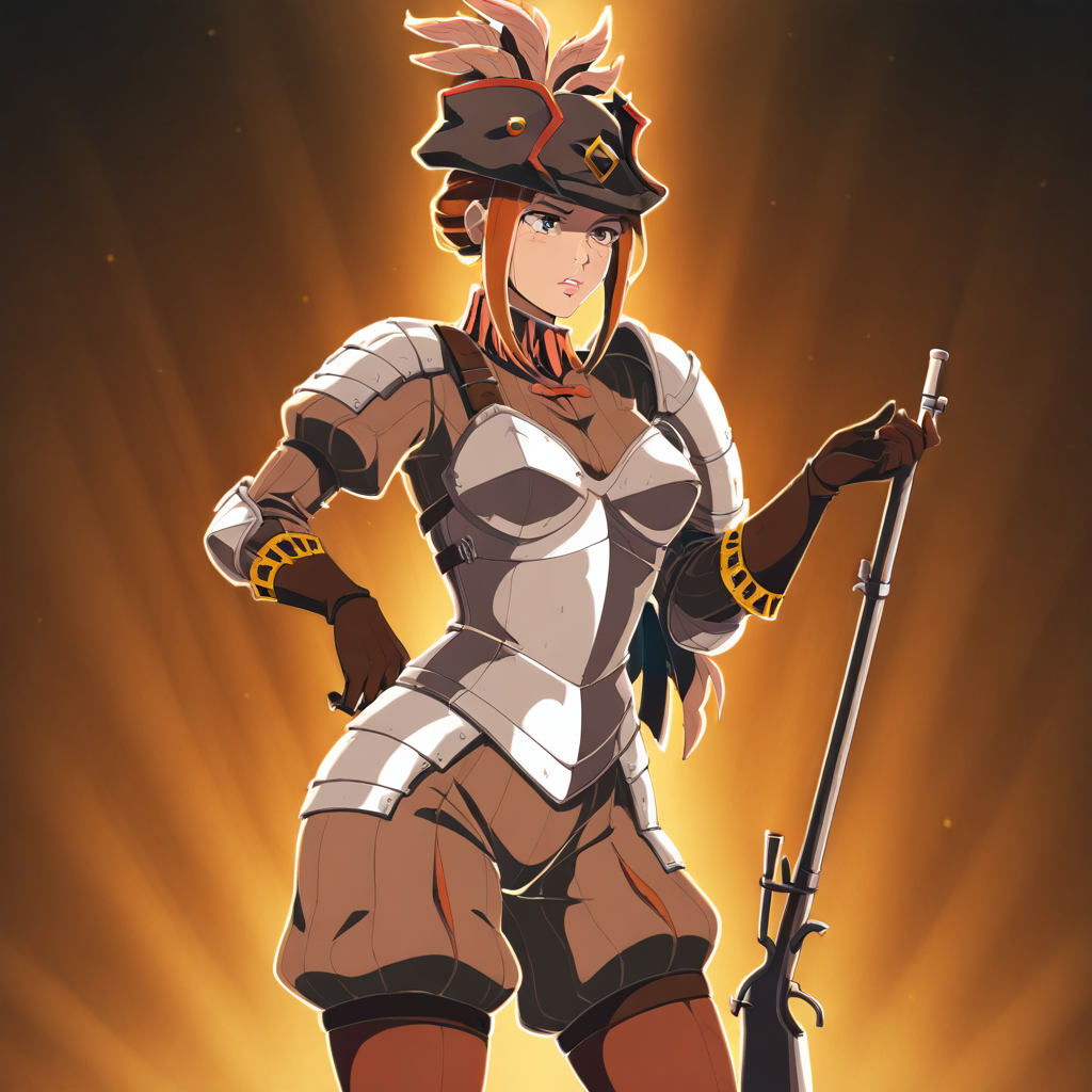 masterpiece, best quality, newest, absurdres, highres, anime, anime style, 1girl, DDMusV1.0, hat, rifle, holding weapon, hat, feather, tricorne, armor, gloves,
