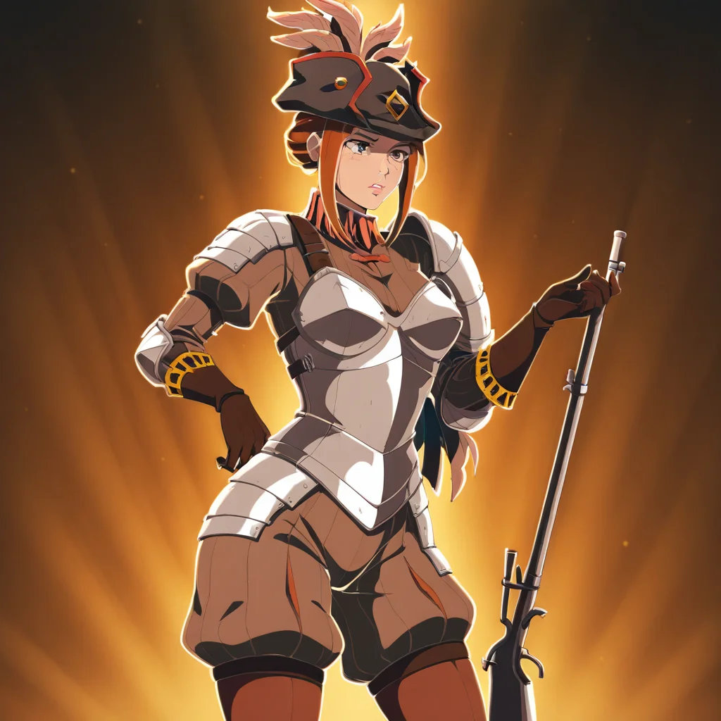 masterpiece, best quality, newest, absurdres, highres, anime, anime style, 1girl, DDMusV1.0, hat, rifle, holding weapon, hat, feather, tricorne, armor, gloves,