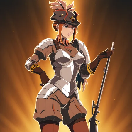 masterpiece, best quality, newest, absurdres, highres, anime, anime style, 1girl, DDMusV1.0, hat, rifle, holding weapon, hat, feather, tricorne, armor, gloves,