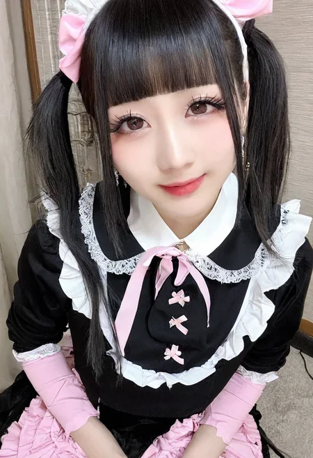 masterpiece,best quality,jirai kei, jiraikei face, a young Japanese woman, solo, black hair, cute,twintails, long hair,bangs, solo focus, looking at viewer and facing viewer,
blunt bangs, jewelry , hairband, earrings, ring, eyes, smile,makeup,long eyelashes,eyelashes,thick eyelashes,twintails,eyeliner,latin cross,
long sleeves, pale skin,lipstick,Collar,skirt,Sexy thighs,arms behind back,
shirt, frills, lace pink dress,upper body,Bedroom background,indoors,gothic, goth fashion,pink bow,maid headdress,
<lora:jirai kei-SDXL-V1:0.7>,