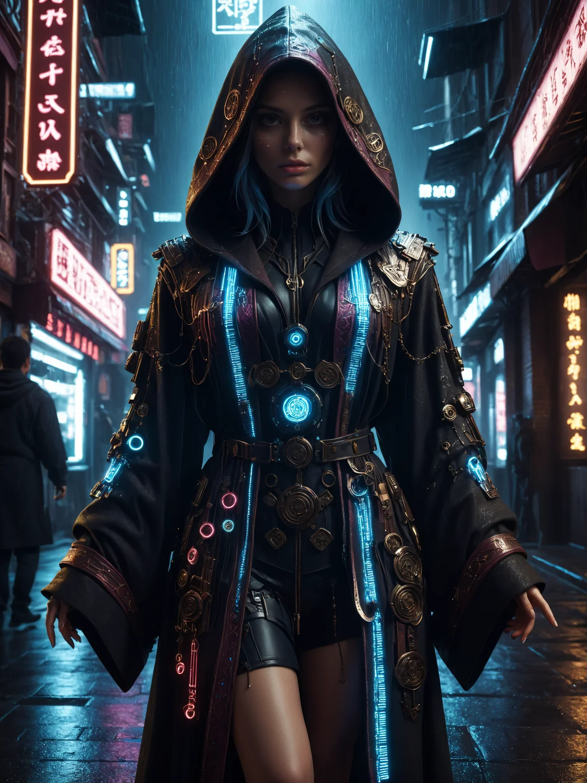 cinematic photo with dramatic lighting, woman, mad-hrmtcwzrd, hooded_robe, intricatly ornated, magic runes, magical items, elegant cyberpunk street, neon signs, rain, <lora:Neon_Cyberpunk_SDXL_Hermetic_Wizard:0.8>, masterpiece, best quality, ultra high res, (photorealistic, realistic:1.2), deep shadow, raw photo, film grain, Fujifilm XT3, 8k uhd, dslr