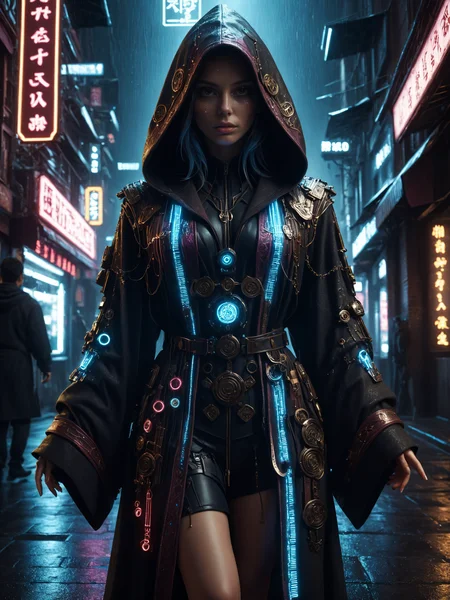 cinematic photo with dramatic lighting, woman, mad-hrmtcwzrd, hooded_robe, intricatly ornated, magic runes, magical items, elegant cyberpunk street, neon signs, rain, <lora:Neon_Cyberpunk_SDXL_Hermetic_Wizard:0.8>, masterpiece, best quality, ultra high res, (photorealistic, realistic:1.2), deep shadow, raw photo, film grain, Fujifilm XT3, 8k uhd, dslr