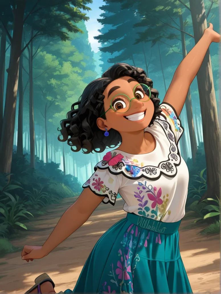 masterpiece, best quality, amazing quality, very aesthetic, absurdres, newest, detailed background, outdoors, dynamic angle, cartoon, cowboy shot, forest,
mirabelxd, 1girl, solo, dark-skinned female, earrings, skirt, smile, brown eyes, jewelry, black hair, curly hair,shirt, sandals, looking at viewer, aqua skirt, floral print, green-framed eyewear, long skirt, short sleeves, glasses, white shirt, print shirt, dancing
<lora:Mirabel_-_Disney_Illustrious:1>