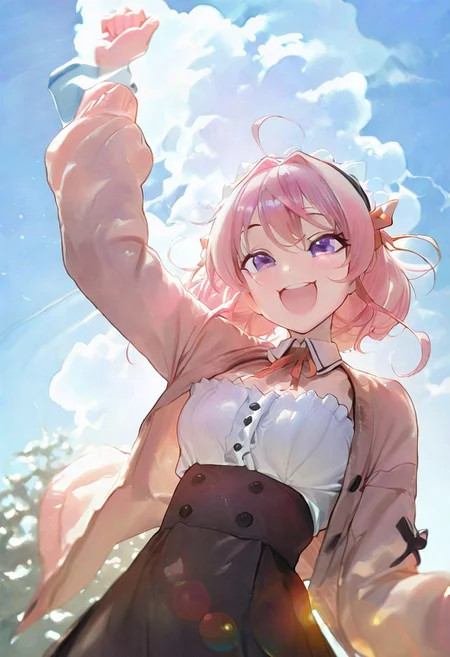best quality, amazing quality, very aesthetic, absurdres, masterpiece, newest, modare, CivChan, 1girl, :d, arm up, bloom, blue sky, blush, cardigan, day, frills, hairband, lens flare, light rays, long sleeves, looking at viewer, neck ribbon, open cardigan, open clothes, open mouth, orange ribbon, outdoors, ribbon, sky, smile, solo, sunlight, teeth, upper teeth only