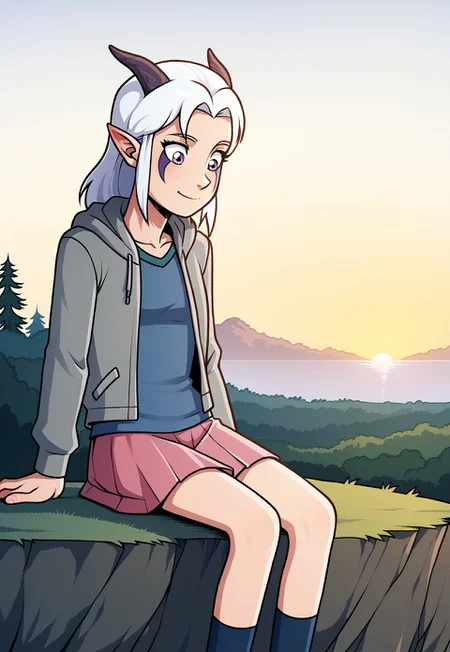 1girl, solo, Rayla, White Hair, Elf Ears, RayHorns, RayFacepaint, Colored Skin, Four Fingered Hand, grey hoodie, blue shirt, pink skirt, pleated skirt, denim jacket, sunset, sitting on a cliff edge, trees