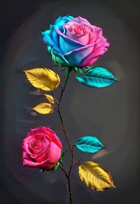 (full Rose blue pink red yellow). 3D. cycles render,caustics,artstation,hyper realistic,detailed,photography,volumetric,ultra detailed,intricate detail,32k,, (reflection background black), leaves