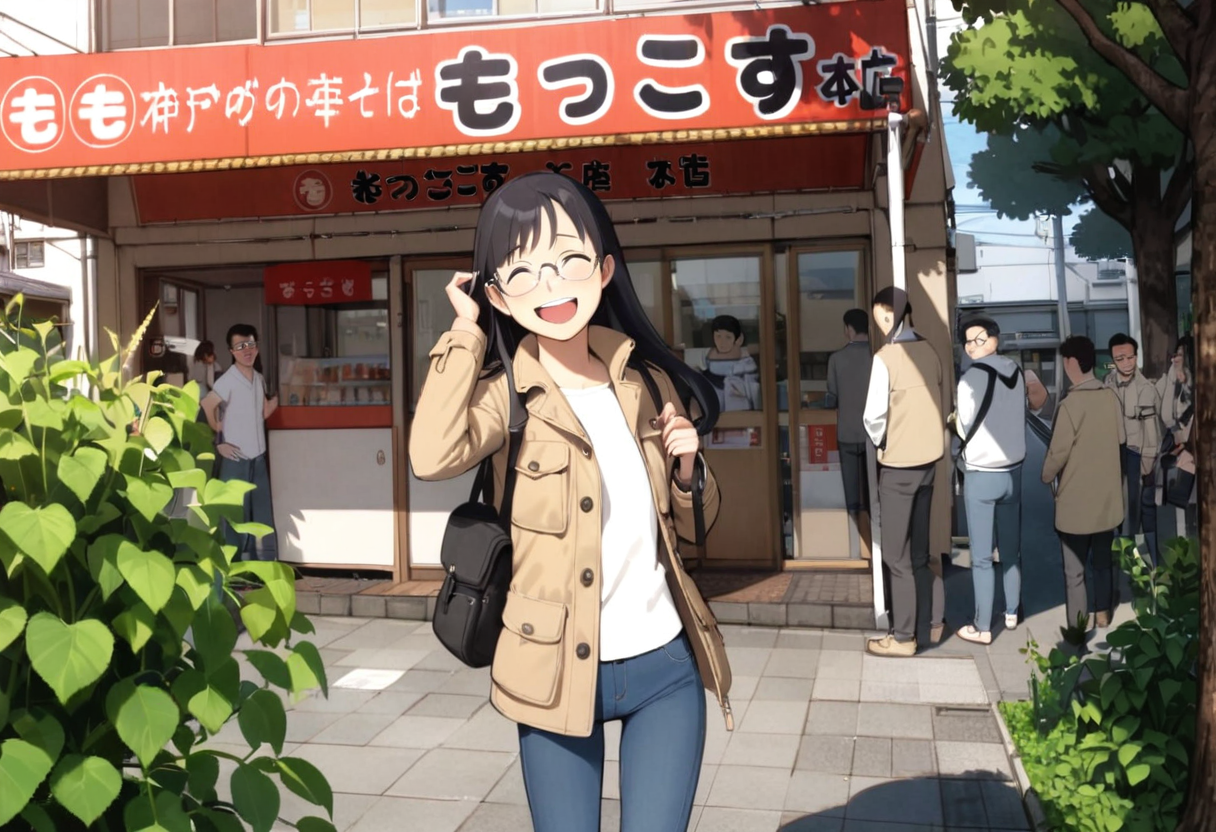 masterpiece, best quality, very aesthetic, absurdres,
1girl, solo, glasses, black hair, long hair, field jacket, jeans, black bag, smile, laughing, looking at viewer, solo focus,
moccos, scenery, storefront, japan, multiple boys, outdoors, real world location, scenery, 6+boys, plant, building, tree
 <lora:moccos_ramen_JAPAN_storefront_SDXL_V2:0.8> <lora:col_xl:0.6>