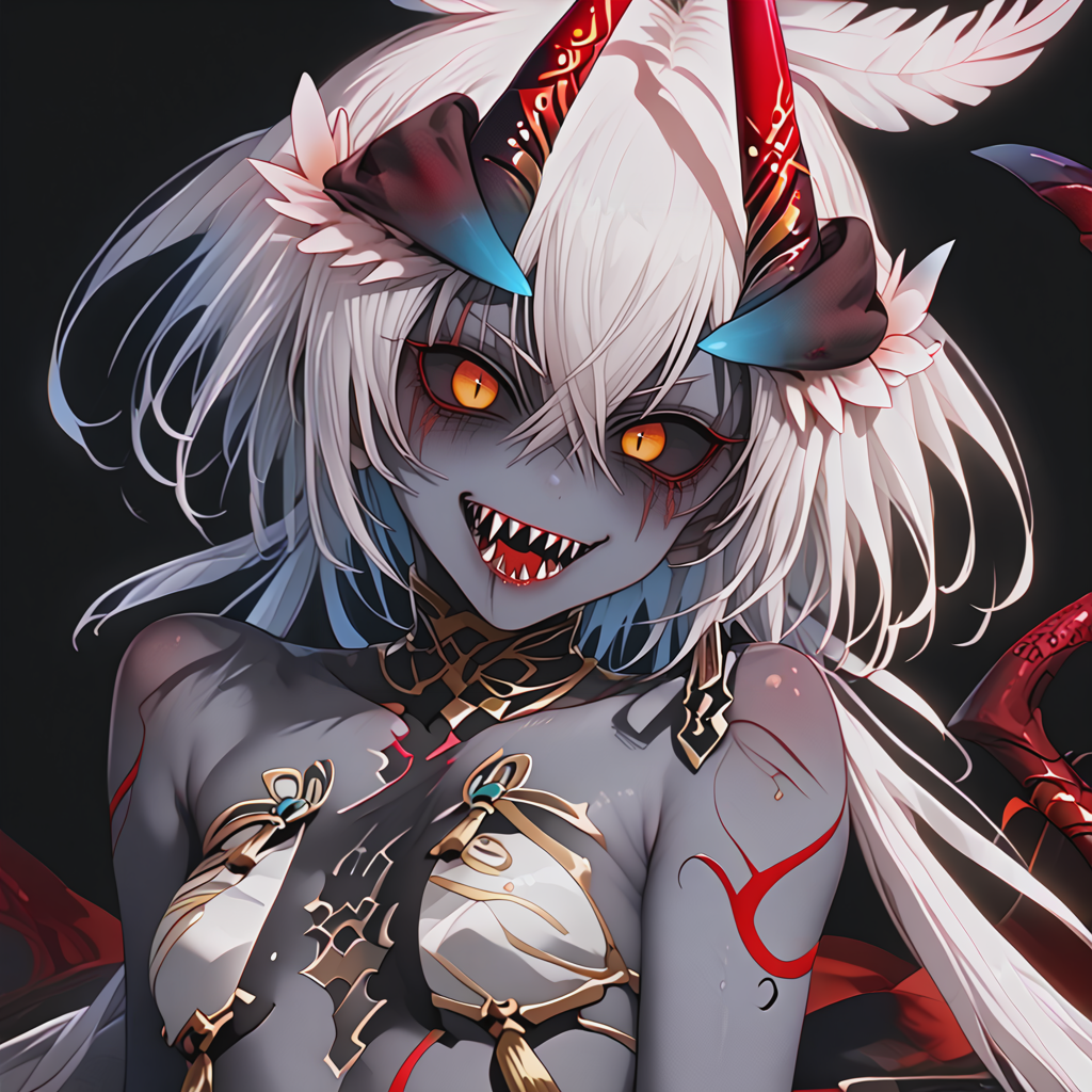 <lora:agehaB3_Pv1-000020:0.8>, syonia, 1girl, solo, colored skin, black skin, sharp teeth, high quality,