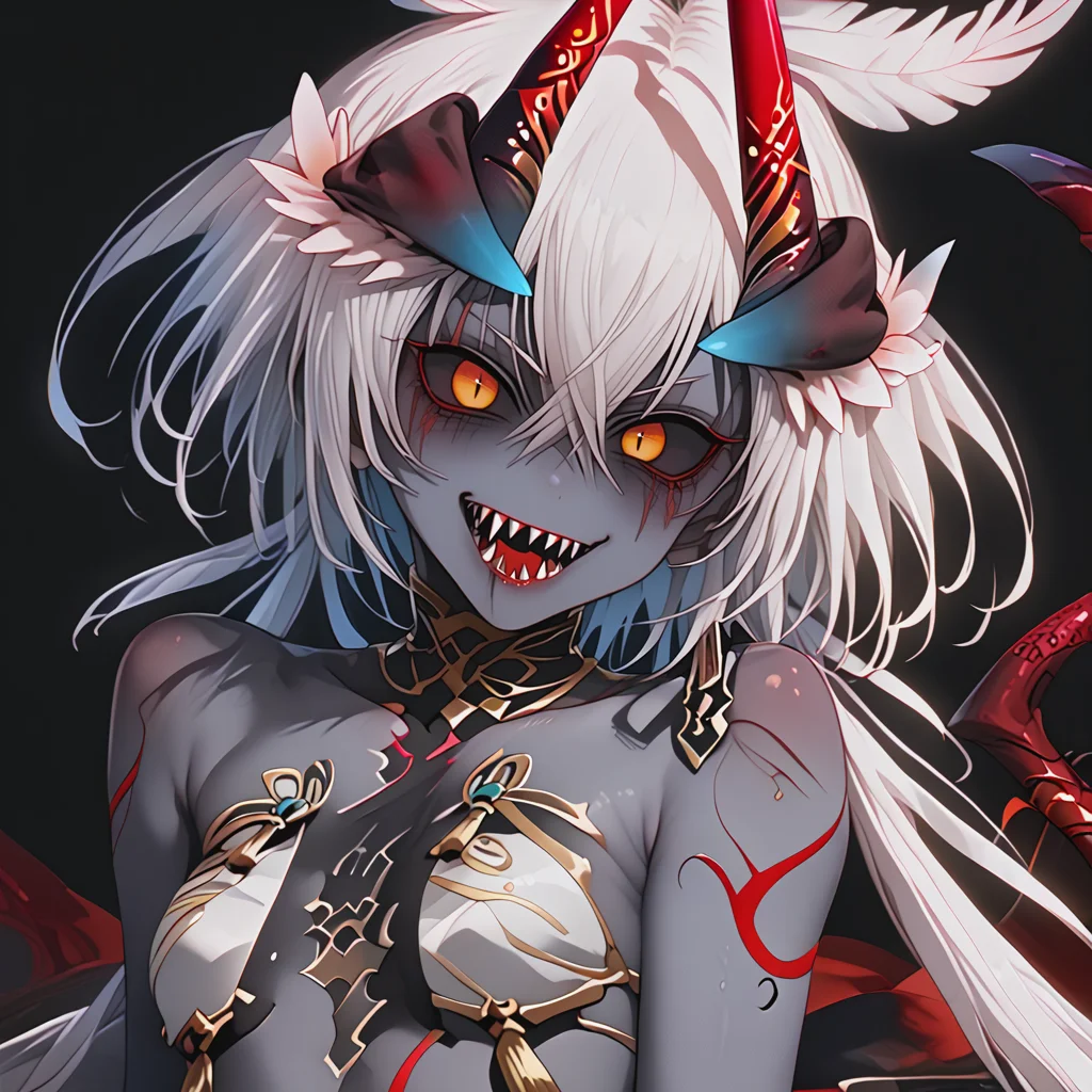 <lora:agehaB3_Pv1-000020:0.8>, syonia, 1girl, solo, colored skin, black skin, sharp teeth, high quality,