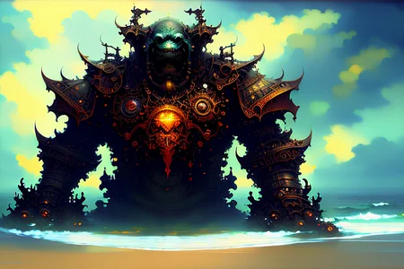 a painting of a huge monster ,rising from the ocean, dark, high detail, creepy, terror , ominous, art by onche_ondulay