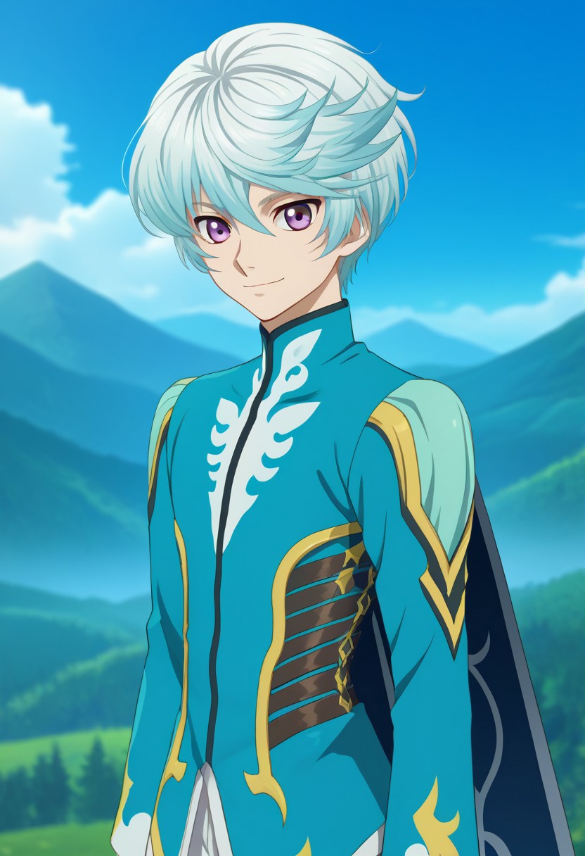 score_9, score_7_up, source_anime
mikleo, 1boy, male focus, solo, purple eyes, blue hair, short hair, swept bangs, jacket, blue jacket, long sleeves, cape, blue cape, smile
outdoor, mountains, sky,