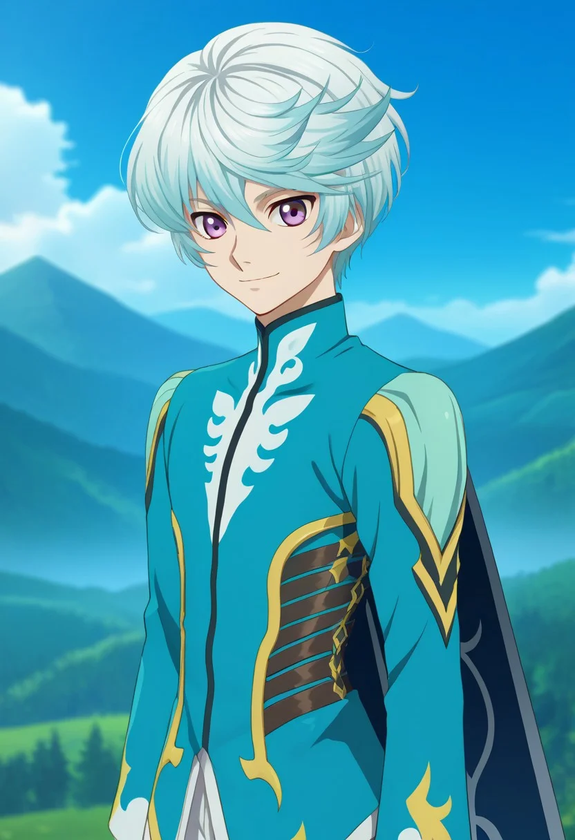 score_9, score_7_up, source_anime
mikleo, 1boy, male focus, solo, purple eyes, blue hair, short hair, swept bangs, jacket, blue jacket, long sleeves, cape, blue cape, smile
outdoor, mountains, sky,
