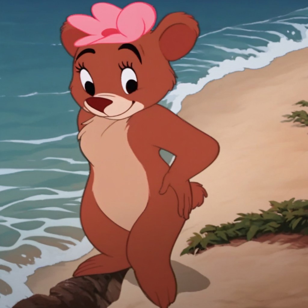 score_9, score_8_up, score_7_up, BREAK, waves, looking at the viewer, pink_flower_on_the_head, 1girl, no humans, teeth, nature, furry female, outdoor, hands on one's own hip, blurred, full body, standing, full shot, orange fur, black eye, small bear body, bear tail,