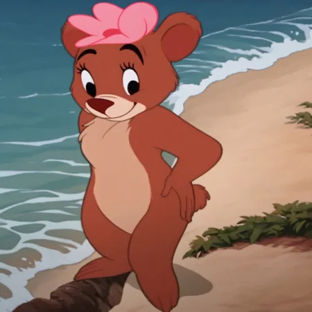 score_9, score_8_up, score_7_up, BREAK, waves, looking at the viewer, pink_flower_on_the_head, 1girl, no humans, teeth, nature, furry female, outdoor, hands on one's own hip, blurred, full body, standing, full shot, orange fur, black eye, small bear body, bear tail,