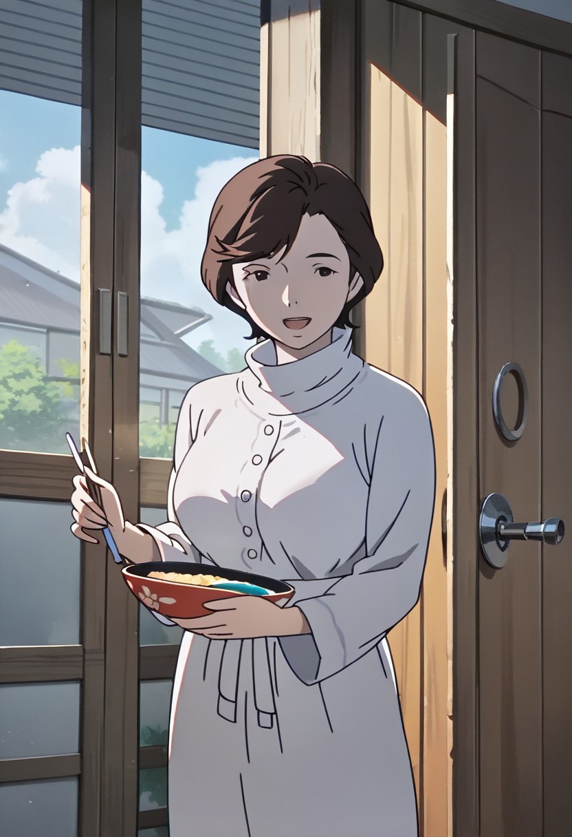 makoto's mother, 1girl, solo, short hair, brown hair, smile, open mouth, holding, black eyes, holding, indoors, door, hand, large breasts,
score_9, score_8_up, score_7_up, score_6_up, score_5_up, score_4_up,best quality, ultra detailed, source_anime, intricate details, perfect anatomy,