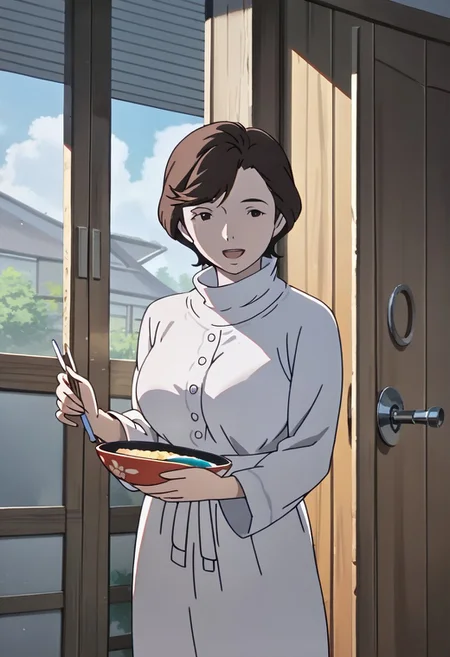 makoto's mother, 1girl, solo, short hair, brown hair, smile, open mouth, holding, black eyes, holding, indoors, door, hand, large breasts,
score_9, score_8_up, score_7_up, score_6_up, score_5_up, score_4_up,best quality, ultra detailed, source_anime, intricate details, perfect anatomy,