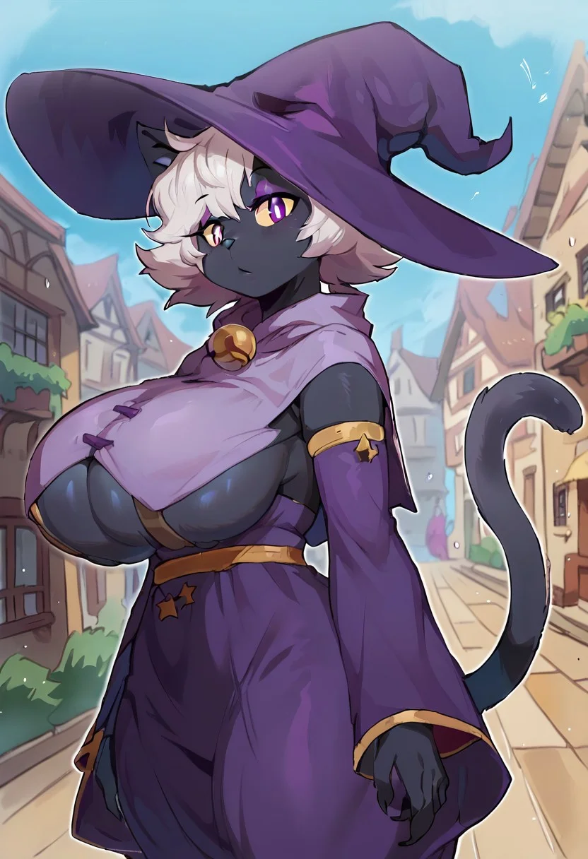 Solo, 1girl, female, cat girl, furry, white hair, bangs, short hair, animal nose, cat ears, cat tail, huge breast, wide hips, colored skin, black fur, body fur, purple eyes, colored sclera, yellow sclera, purple eyeshadow, thick thighs, huge ass, claws, animal feet, perfect anatomy, detailed skin, detailed eyes, detailed lips, perfect hands, perfect face, BREAK witch hat, purple headwear, purple dress, purple capelet, bell,  detached sleeves, long dress, underboob, BREAK standing, outdoors, town, colorful, sunset, looking at viewer, dutch angle, side view BREAK ((ultra-detailed)), ((best quality)), ((best quality)), ((beautiful eyes)), ((extremely detailed)), 4K, (8K), best quality, (beautiful), Master piece, highres, score_9, score_8_up, score_7_up, score_6_up, score_5_up, score_4_up, best quality, official art, highres, masterpiece, nai3, god light, detailed background, high quality background,