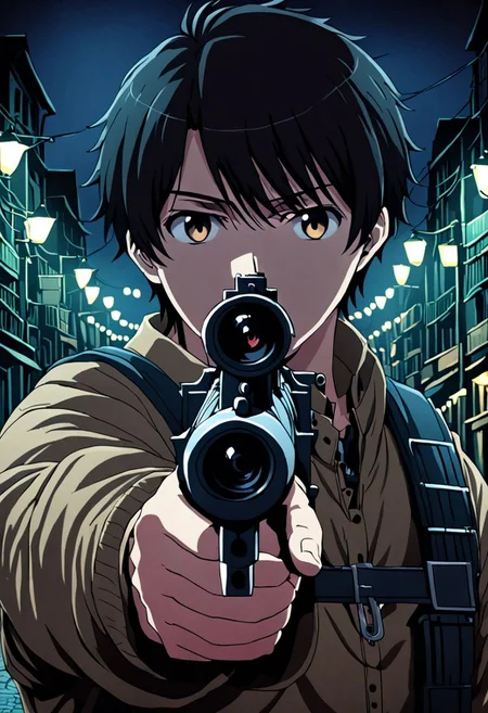 high resolution, solo, best quality, 1Boy, Inaho Kaizuka, Black Hair, portrait, midnight, dim street lights, mysterious, threatening, gun, aiming the gun to the viewer, OverallDetail