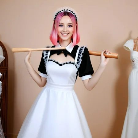 w0gf1l, 
wedding dress (made of tiny neon glass filaments:1.5), wedding dress on a mannequin, 
bridal store, 
BREAK 
1girl, looking at wedding dress on mannequin, happy, wide smile, giggly, 
CivChan, purple eyes, pink hair, 
traditional maid uniform, standing looking sweet, coy, holding a wooden baseball bat over her shoulder, smiling sweetly,