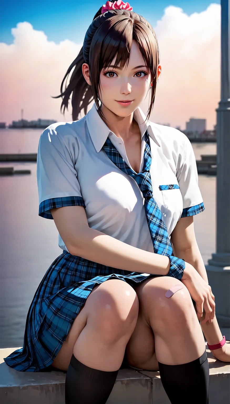score_9,score_8_up,score_7_up,
<lora:miiyamotoHikari:0.8>,miiyamotohikari,1girl,solo,
vignetting,blurry background,
black hair,ponytail,bangs,scrunchie,pink scrunchie,
brown eyes,
school uniform,white shirt,skirt,pleated skirt,plaid skirt,blue plaid skirt,necktie,plaid necktie,blue plaid necktie,wristband,red wristband,kneehighs,black kneehighs,bandaid on knee,
looking at viewer,smile,lips,
medium breasts,thick thighs,best hips,
outdoors,sea,street,
upper body,portrait,face focus,