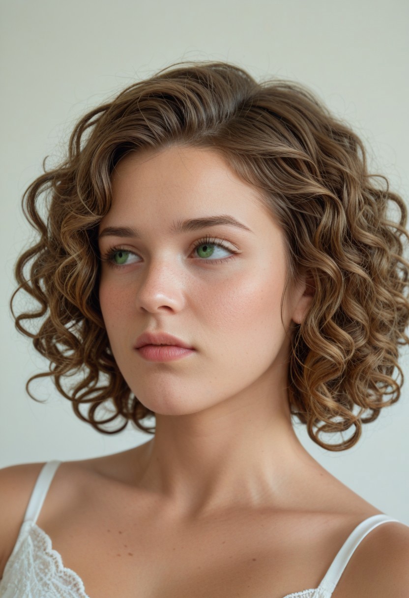 score_9, score_8, score_7, score_6, highres, high-quality, 8k, 4k, raw, Emily Grace Thompson face, Emily Grace Thompson chin, Emily Grace Thompson, forehead, curly hair, green iris, green eyes, light brown hair, cheek soft wrinkles, looking right, look away, profile