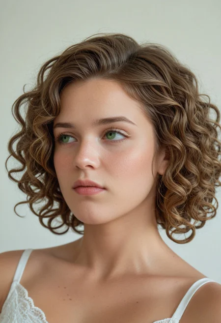 score_9, score_8, score_7, score_6, highres, high-quality, 8k, 4k, raw, Emily Grace Thompson face, Emily Grace Thompson chin, Emily Grace Thompson, forehead, curly hair, green iris, green eyes, light brown hair, cheek soft wrinkles, looking right, look away, profile