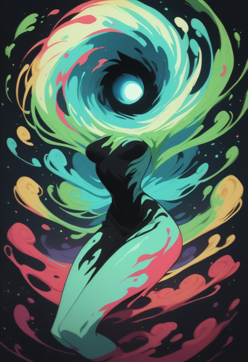 score_8_up, 1girl, glowing hair,  thighs, very long hair, breasts, painting \(medium\), abstract background, paint splatter, upper body, fairy wings, no humans, heart, colored skin, dark background, particles, empty eyes, black hole, film grain, swirl, (crazy smile:0.7) <lora:NoctFlatStyleV4:0.85>