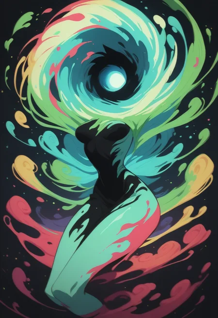 score_8_up, 1girl, glowing hair, thighs, very long hair, breasts, painting \(medium\), abstract background, paint splatter, upper body, fairy wings, no humans, heart, colored skin, dark background, particles, empty eyes, black hole, film grain, swirl, (crazy smile:0.7) <lora:NoctFlatStyleV4:0.85>