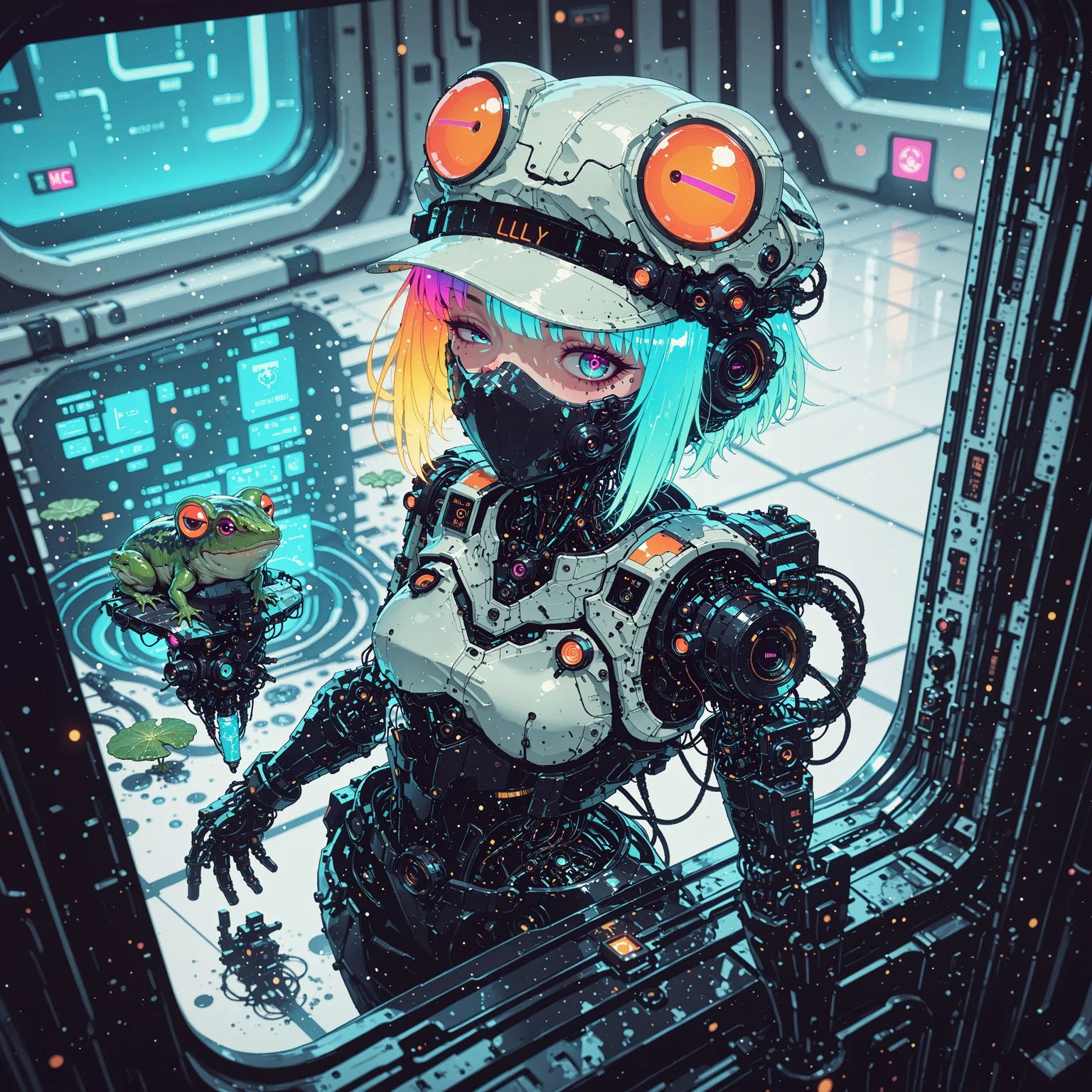 <lora:ck-nc-cyberpunk-IL-000011:0.60>,  masterpiece, best quality, good quality, very aesthetic, absurdres, newest, 8K, depth of field, focused subject, dynamic angle, side view, from above, action shot, wabi sabi android woman, rainbow hair, glowing hair, cute simplistic frog hat that reads "Lilly" on the brim, gazing at the viewer, clean visible face, clean white rectangular ceramic material and mechanical parts, their face mask is open, one eye has mechanical enhancements, servos, wires, exposed circuits, skin, holding giant green lillypad, (futuristic fractal shaped artemis station in background, window view), Sci-fi anime movie (style by George Shaw),shallow depth of field, vignette, (Fujicolor Superia X-TRA 400) , (bioluminecent glow:0.8),
in the style of cknc,
<lora:MoriiMee_Gothic_Niji_Style_Illustrious_r1:0.5>
<lora:ck-neon-retrowave-IL:0.85>
<lora:ck-shadow-circuit-IL:0.35>