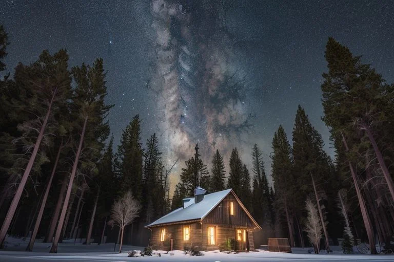 a safe cabin in the woods in the evening with warm light coming from the windows and stars in the sky , <hypernet:longexposure:1>, long exposure time, dramatic lighting