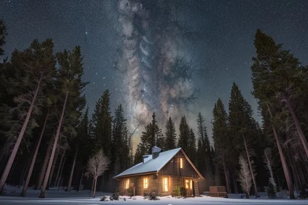 a safe cabin in the woods in the evening with warm light coming from the windows and stars in the sky , <hypernet:longexposure:1>, long exposure time, dramatic lighting