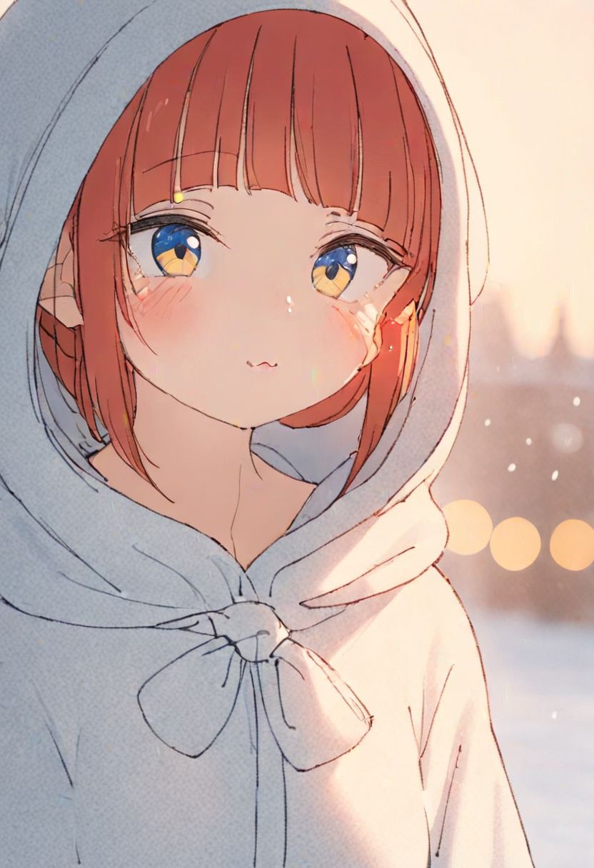 (Blondie:1.0),photograph of a cute adult girl, redhair, pale skin, freckles, blush, innocent, petite and youthful face, silver blue eyes, wearing a cloak, city christmas festival, snowfall, Porta 160 color, shot on ARRI ALEXA 65, bokeh, sharp focus on subject, shot by Don McCullin, nsfw, (natural skin texture, hyperrealism, soft light, sharp), (perfect round eyes:1.3), Capture the essence of her beauty, Enrich the composition with soft, diffused natural light that accentuates the textures and colors, creating a timeless and culturally rich image, EyeDetail-SDXL, fFaceDetail-SDXL