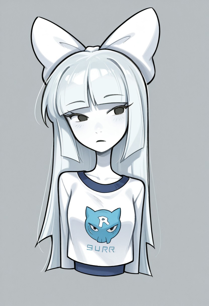 1girl, solo, PA (Sburb.exe), White hair, straight hair, hair bow, blunt bangs, Simple eyes, black eyes, White bow, Colored skin, white skin,