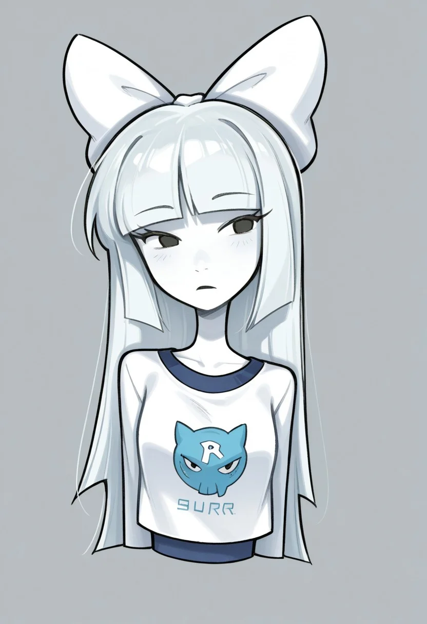 1girl, solo, PA (Sburb.exe), White hair, straight hair, hair bow, blunt bangs, Simple eyes, black eyes, White bow, Colored skin, white skin,